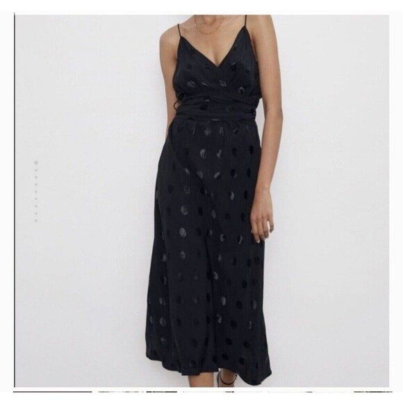 Zara Wrap Dress Polka Dot Satin Velvet Faux Sash wedding guest date size small - Picture 8 of 12